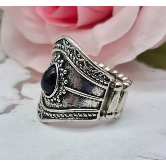 Cute Silver Tone & Black Statement Stretch Ring One Size Western Bojo Casual - Picture 7 of 10